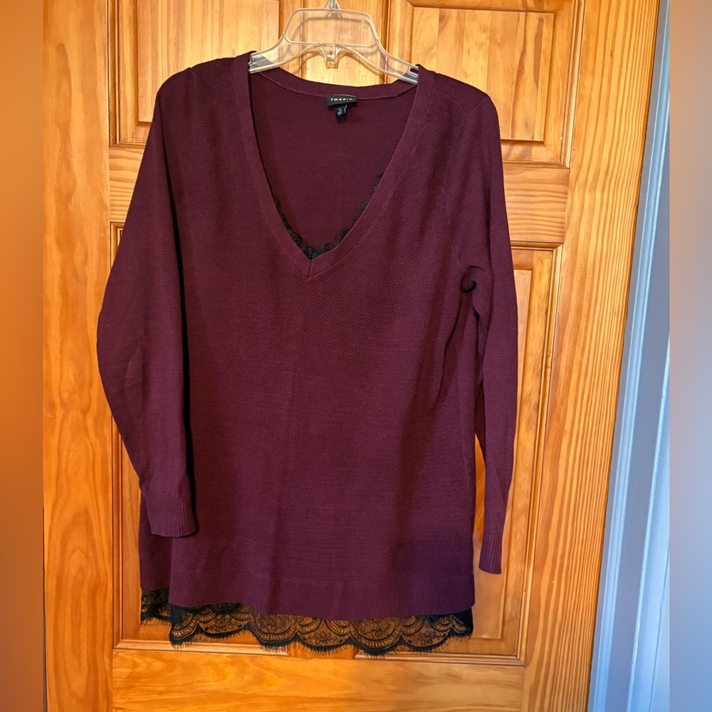 Torrid Burgundy V-Neck Sweater with Lace Trim